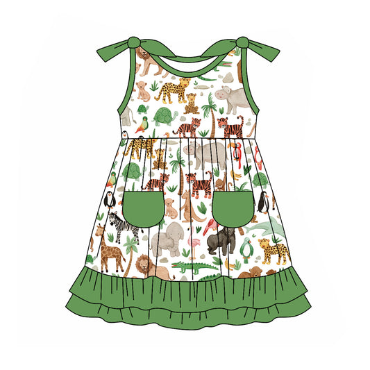 Preorder (moq 5)Baby Girls Animals Green Ruffles Knee Length Dresses