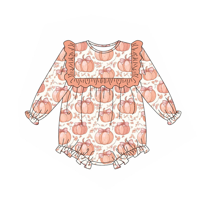 Preorder (moq 5)Baby Girls Long Ruffle Sleeves Peach Flower Pumpkins Bummies Rompers