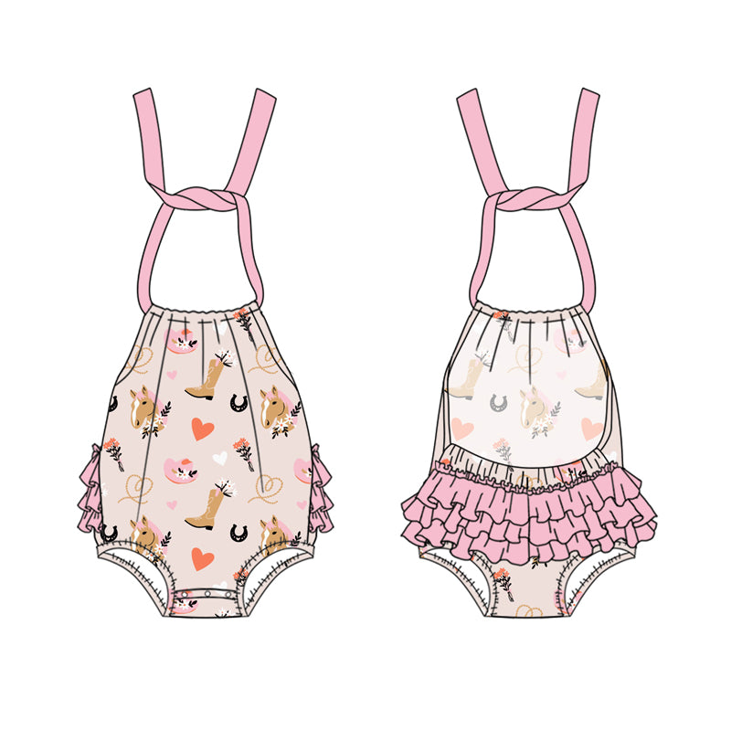Preorder(moq 5)Baby Infant Girls Pink Strap Boots Horses Hearts Backless Bubble Rompers