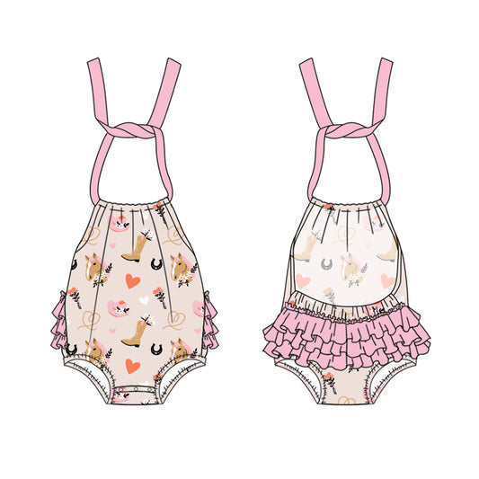 Preorder(moq 5)Baby Infant Girls Pink Strap Boots Horses Hearts Backless Bubble Rompers