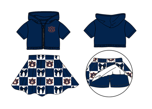 Preorder (moq 5)Baby Girls AU Bows Zipper Hoodie Jackets Skirt Short Team Clothes Sets