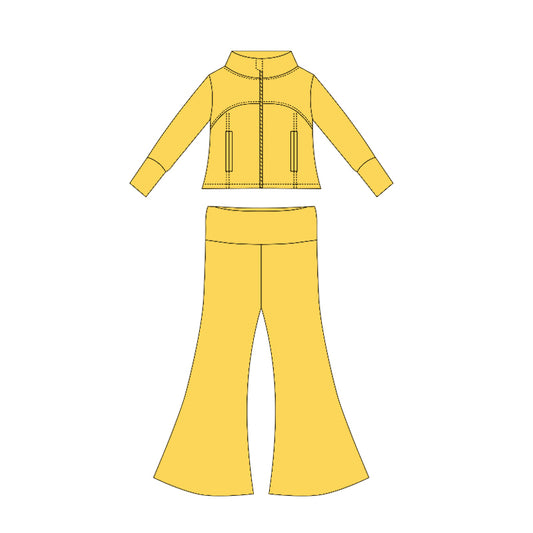 Preorder moq 10 Baby Girls Yellow Long Sleeves Pockets Zipper Top Bell Bottom Pant Set