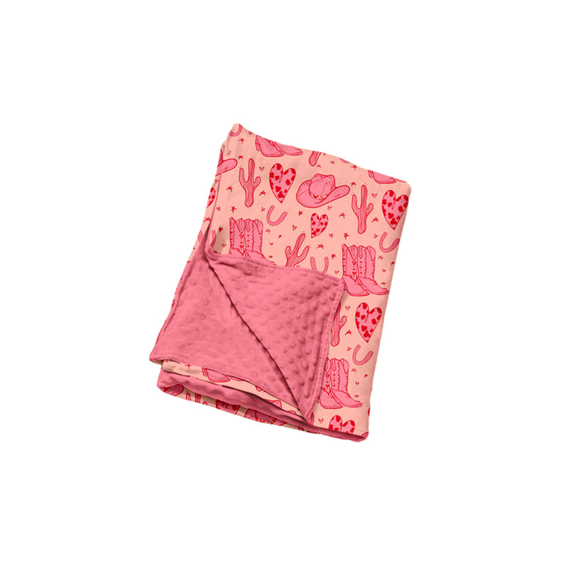 Preorder(moq5)Baby Pink Premium Cactus, Heart & Hat Print Soft Plush Blanket