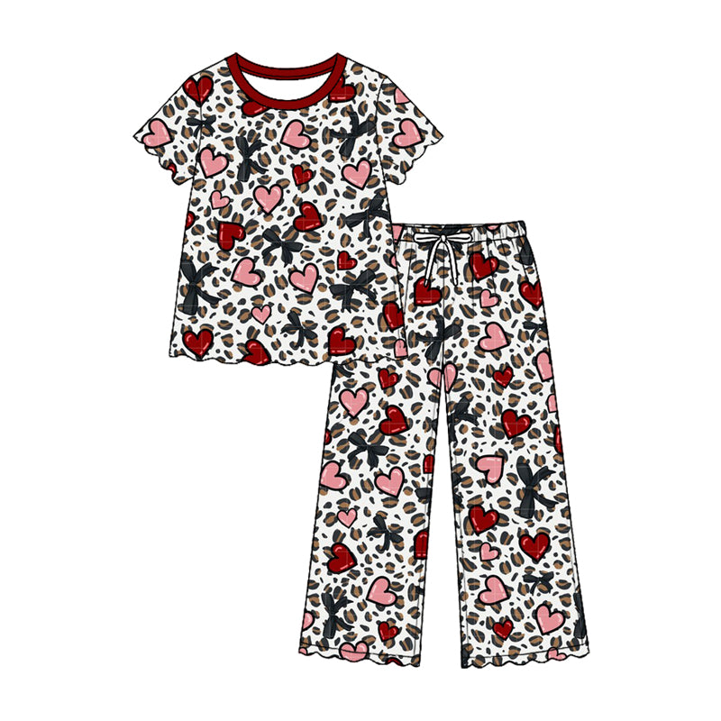Pre-order(moq5) Girls’ Fall Heart & Bow Print Round-Neck Short-Sleeve Top & Bow-Detail Elastic-Waist Straight-Leg Pants Two-Piece Outfit Set