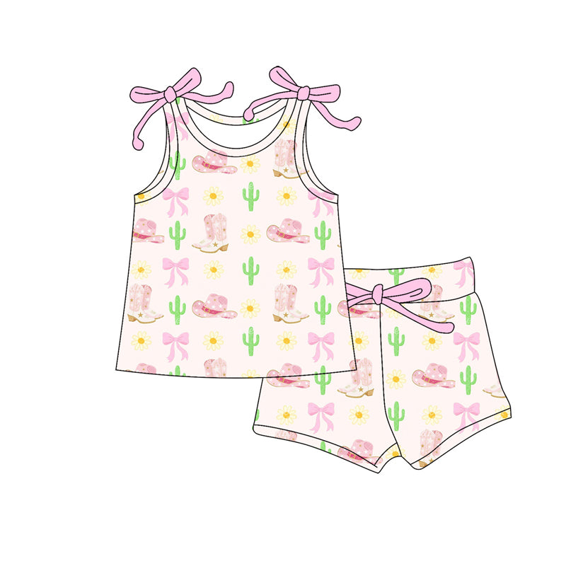 Preorder moq 5 Baby Girls Sleeveless Boot Bows Cactus Top Short Western Clothes Sets