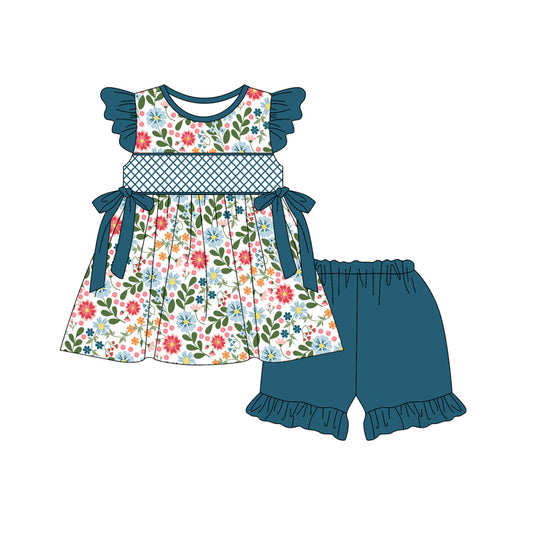 Preorder (moq 5)Baby Girls Navy Flutter Sleeves Bows Floral Tunic Ruffle Short Sets