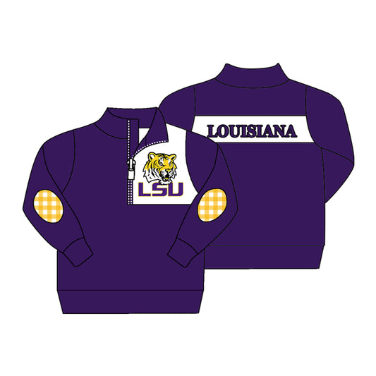 Preorder (moq 5)Baby Boys Purple Long Sleeve LSU Tiger Zip Team Pullovers Top