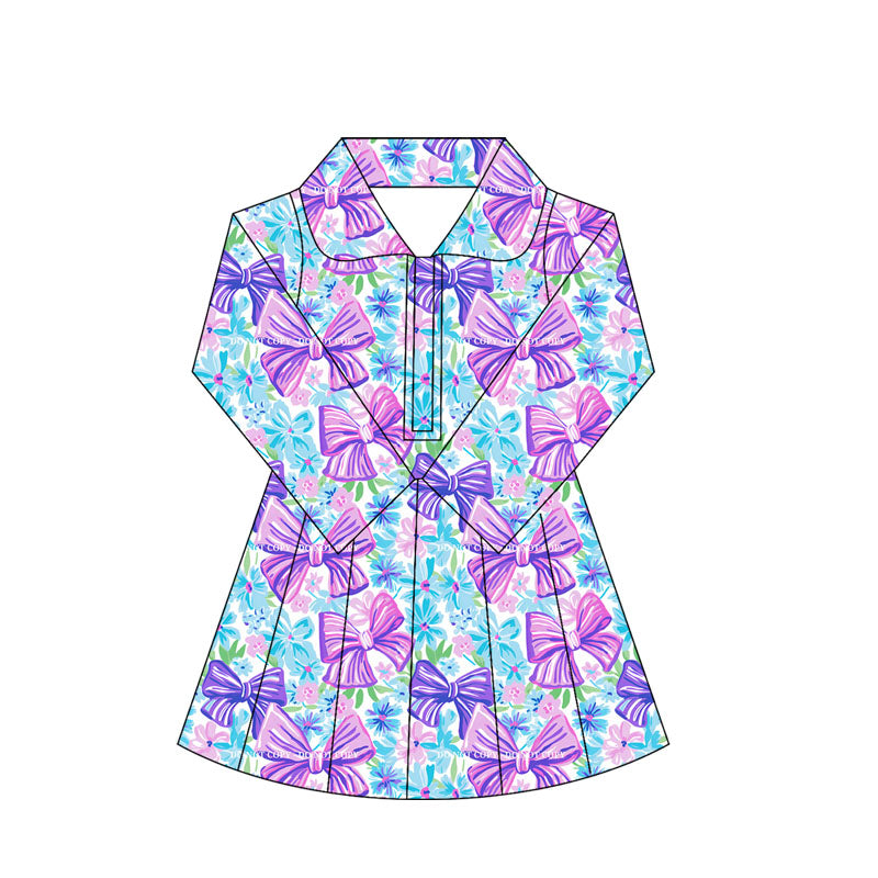 Preorder moq 10 Baby Girls Colorful Bows Floral Long Sleeves Zipper Activity Wear Yoga Knee Length Dresses