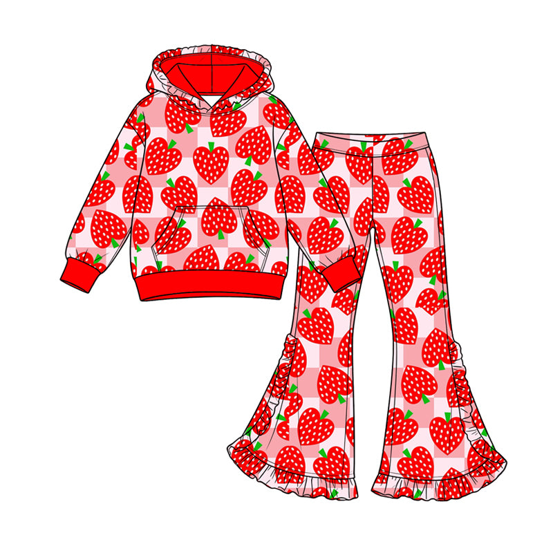 Preorder (moq 5) Baby Girl Clothes Red Check Strawberry Heart Mixed Print Long Sleeve Hooded Top Flare Pant Set