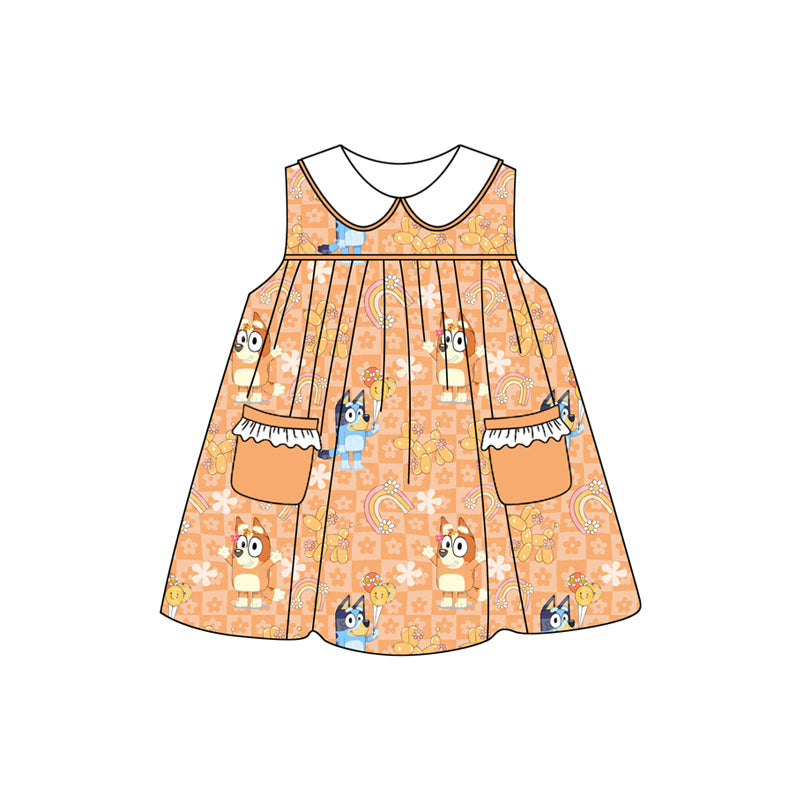 Preorder (moq 5)Baby Girls Orange Plaid Sleeveless Cartoon Dogs Flowers Pockets Dresses