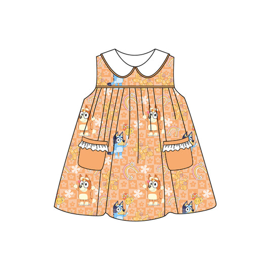 Preorder (moq 5)Baby Girls Orange Plaid Sleeveless Cartoon Dogs Flowers Pockets Dresses