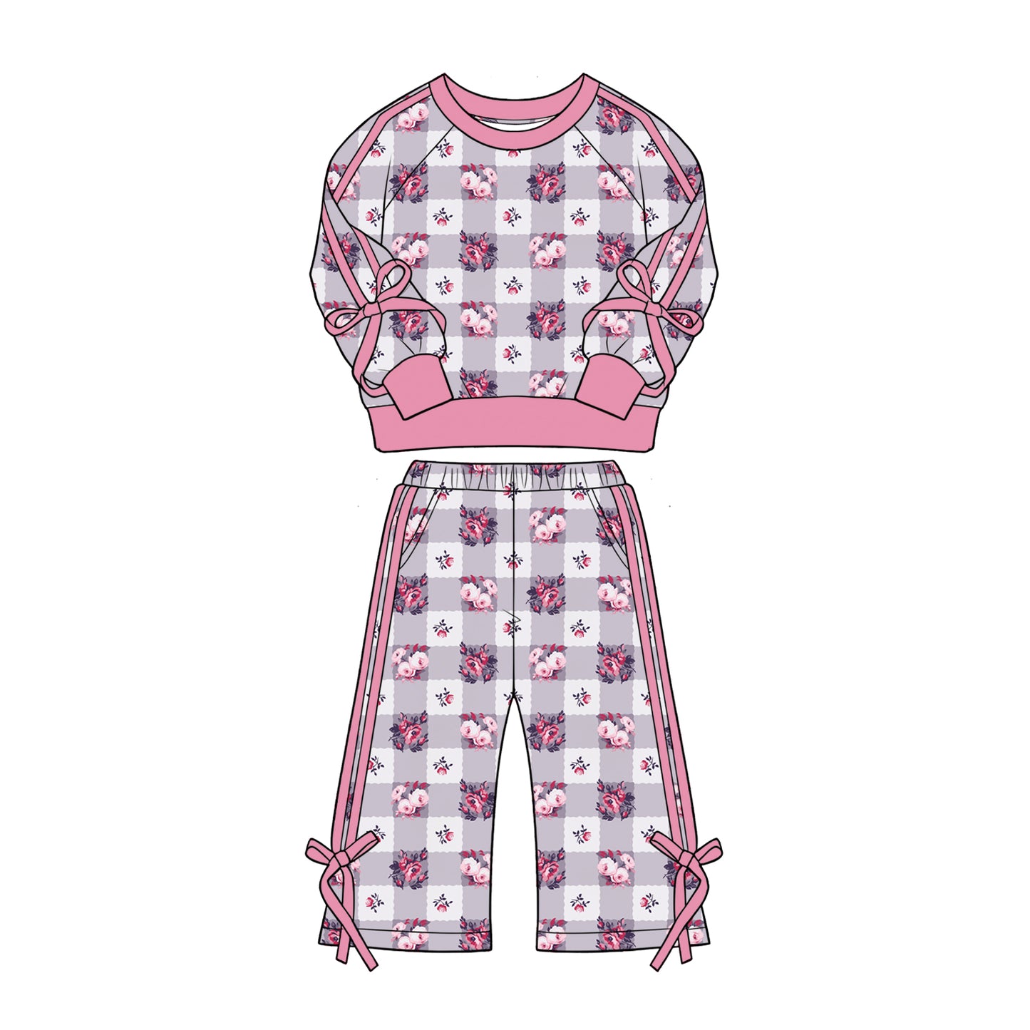 Preorder (moq 5)Baby Girls Colorful Flowers Checked Top Flare Pockets Pant Clothes Sets