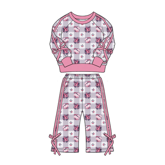 Preorder (moq 5)Baby Girls Colorful Flowers Checked Top Flare Pockets Pant Clothes Sets