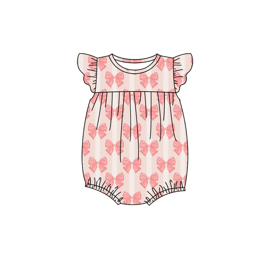 Preorder (moq 5)Baby Girls Flutter Sleeve Peach Bows Stripe Ruffle Rompers