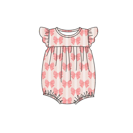 Preorder (moq 5)Baby Girls Flutter Sleeve Peach Bows Stripe Ruffle Rompers
