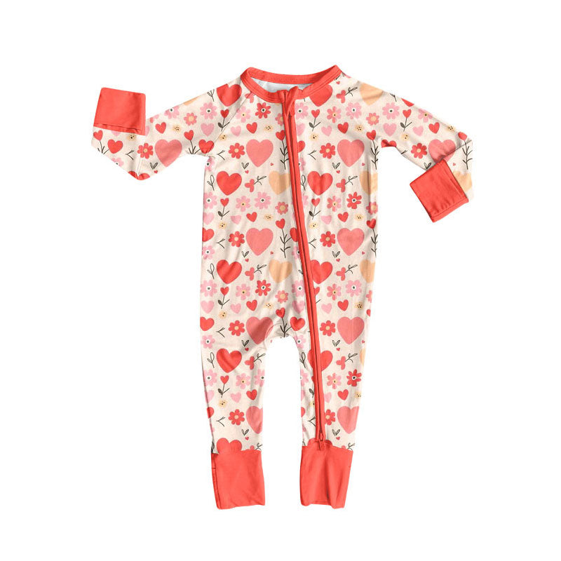 Preorder (moq 5)Baby Girls Long Sleeve Peach Hearts Flowers Valentine Zipper Footie Rompers