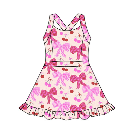 Preorder moq 10 Baby Girls Strap Pink Bows Cherry Activity Wear Yoga Knee Length Dresses