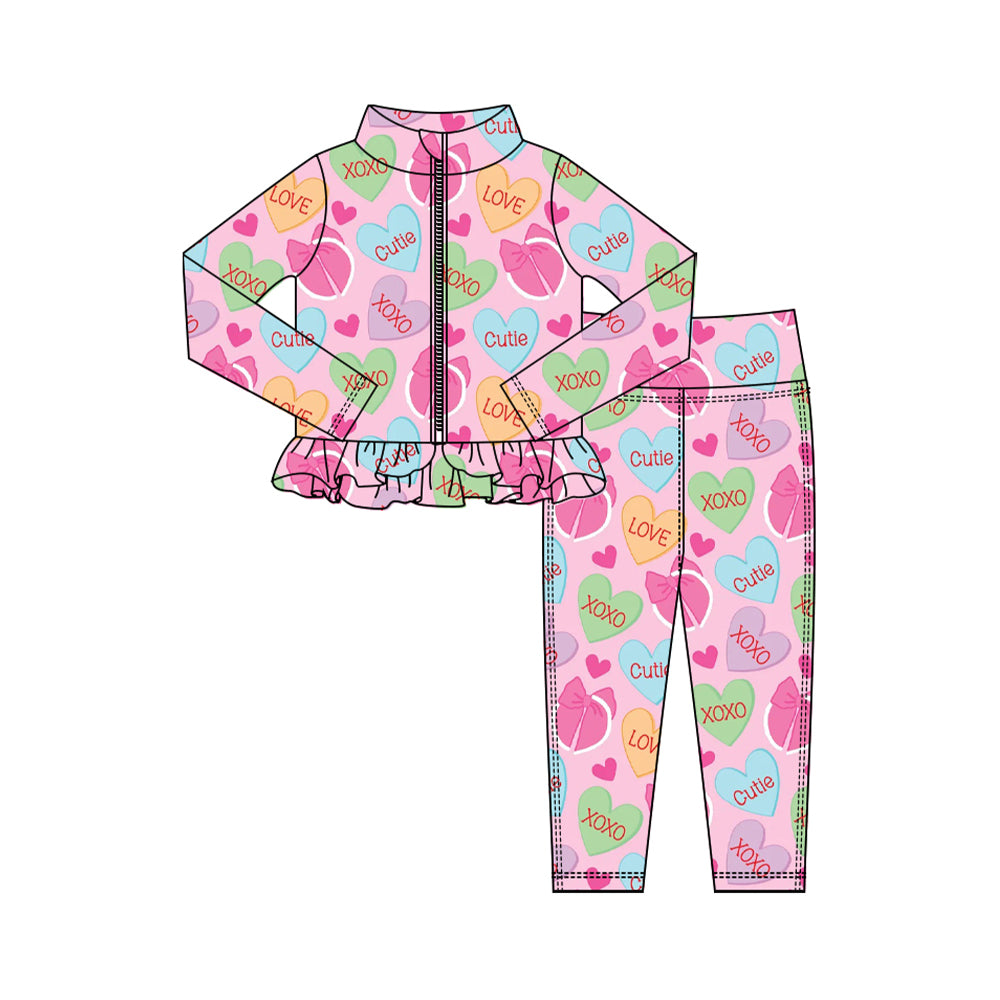 Preorder (moq 5) Baby Girl Clothes Valentines Candy Heart XOXO Love Cutie Print Zip Up Ruffle Top Legging Set