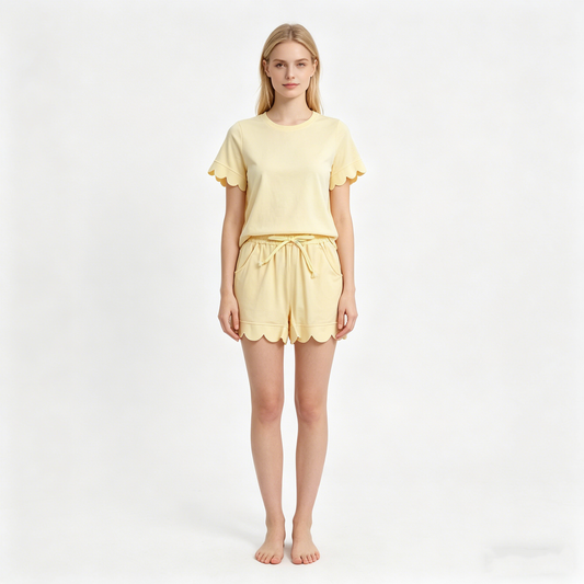 Adult Women Yellow Shorts Sleeve Top Pockets Short Cotton Scallop Clothes Sets