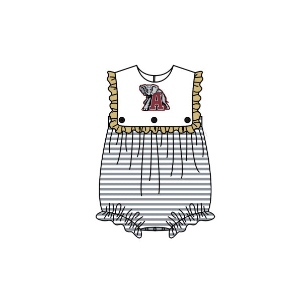Preorder (moq 5)Baby Girls Sleeveless Grey Stripe A Elephants Team Ruffle Rompers