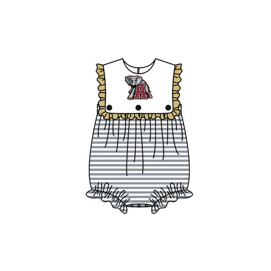 Preorder (moq 5)Baby Girls Sleeveless Grey Stripe A Elephants Team Ruffle Rompers