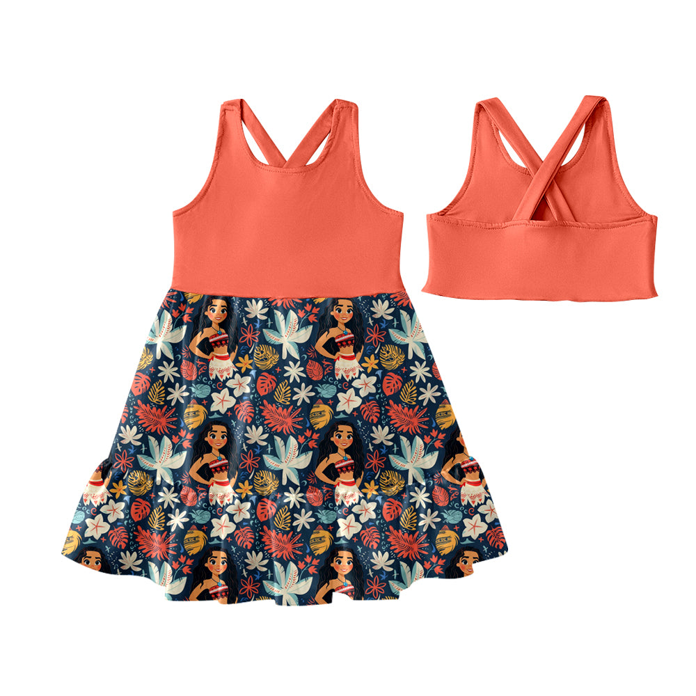 Preorder (moq 5)Baby Girls Orange Sleeveless Floral Princess Patchwork Knee Length Dress