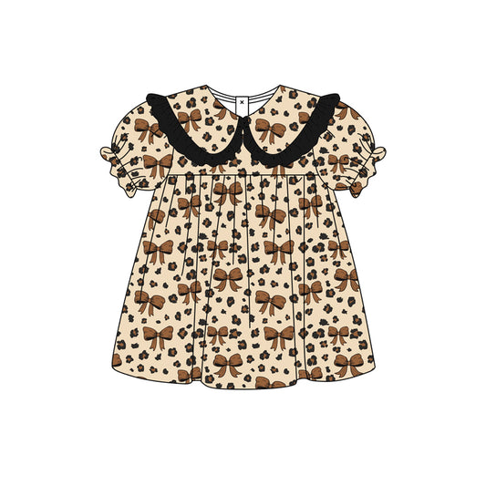 Preorder moq 5 Baby Girls Brown Leopard Bows Collar Knee Length Dresses