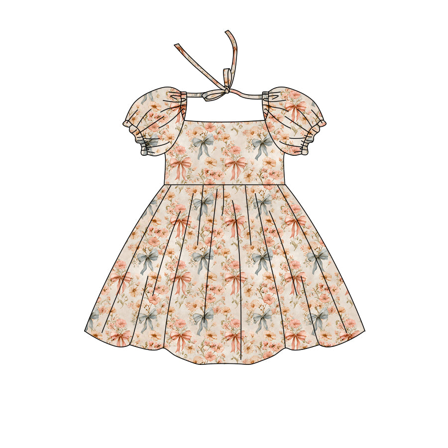 Preorder (moq 5)Baby Girls Short Ruffle Sleeve Colorful Flowers Bows Knee Length Dresses