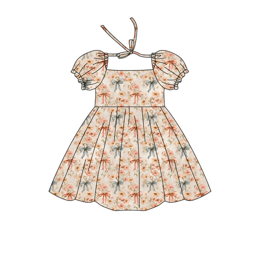 Preorder (moq 5)Baby Girls Short Ruffle Sleeve Colorful Flowers Bows Knee Length Dresses