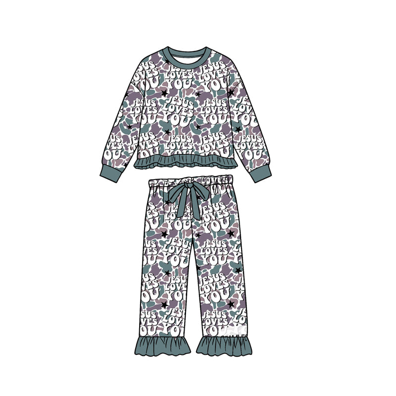 Pre-order(moq5) Girl Clothes Camo Jesus Loves You Letter Star Print Ruffle Flare Pajama Set