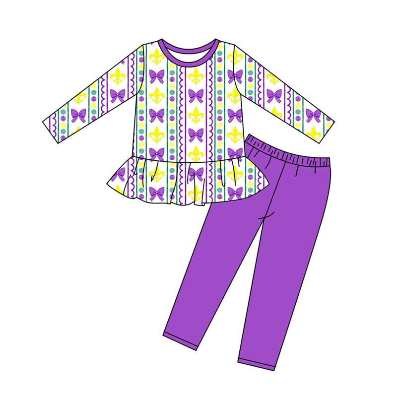 Preorder (moq 5)Baby Girls Purple Yellow Green Bows Stripe Leggings Mardigras Clothes Sets