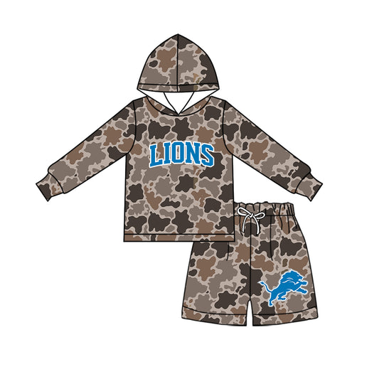 Preorder (moq 5)Baby Boys Brown Camo Lions Long Sleeve Hoodie Short Team Clothes Set