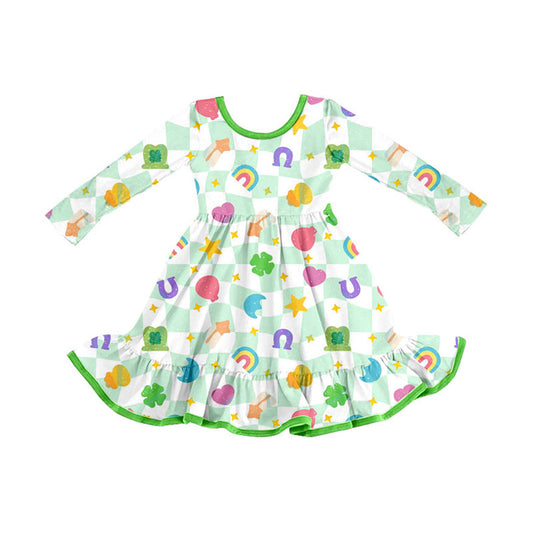 Preorder (moq 5)Baby Girls Green Checked Clovers Stars St Patrick Ruffle Knee Length Dresses