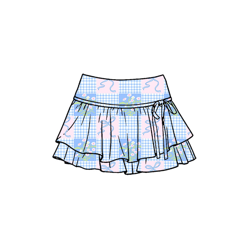 Preorder (moq 5)Baby Girls Blue Flowers Bows Checked Double Ruffle Skirt Shorts Bottom