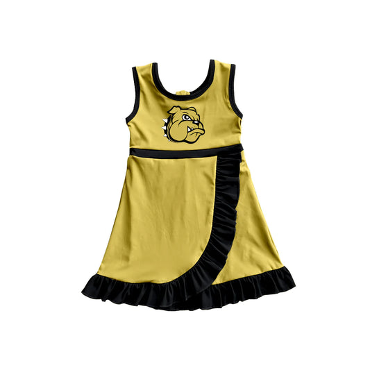 Preorder (moq 5)Baby Girls Gold Sleeveless Bulldogs Short Team Ruffle Knee Length Dresses