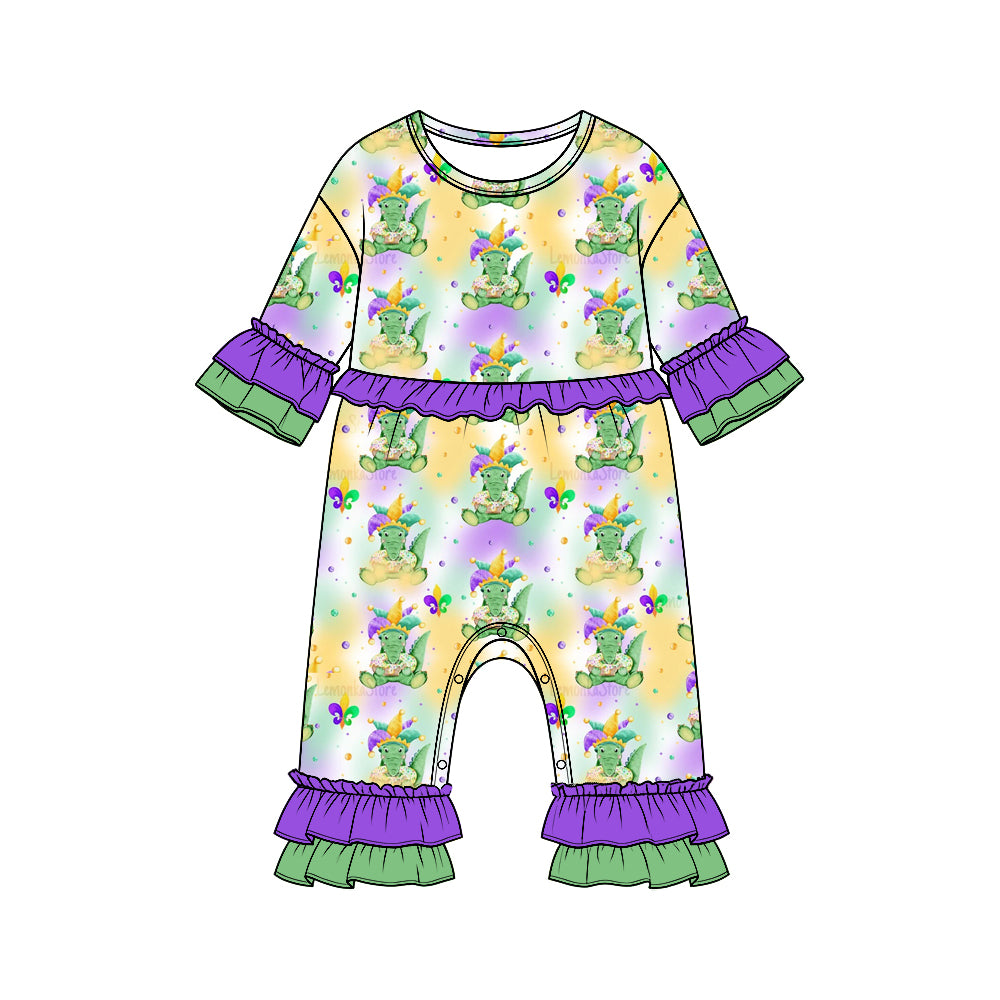 Preorder moq 5 Girls’ Mardi Gras Ruffle Long-Sleeve Romper, Cute Dinosaur Print Holiday One-Piece Outfit