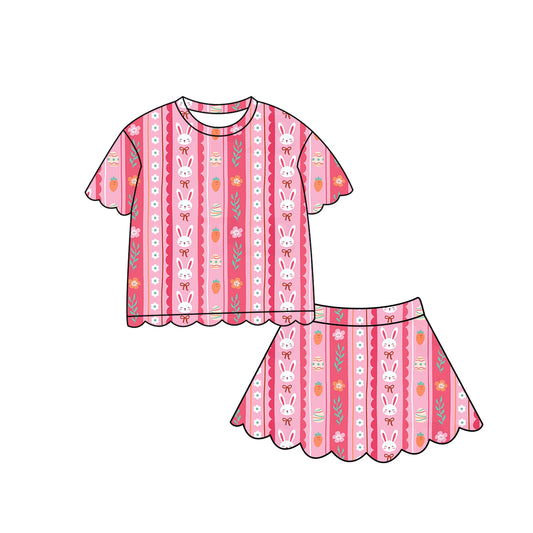 Preorder (moq 5)Baby Girls Pink Bow Rabbit Carrots Stripe Top Scallop Shorts Easter Clothes Sets