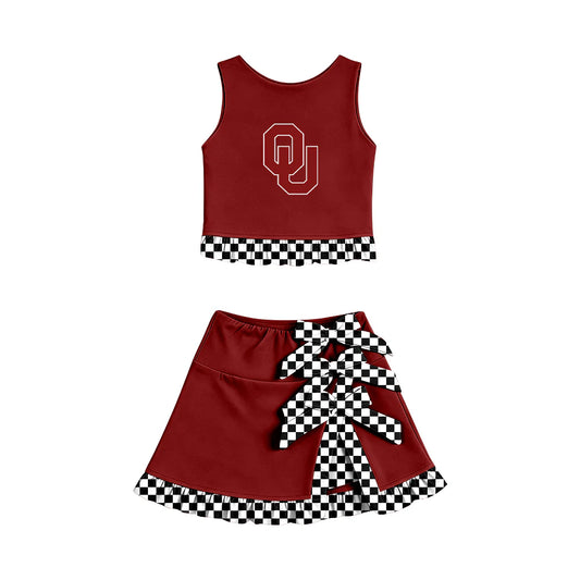 Preorder (custom moq 5)Baby Girls OU Vest Bows Ruffle Skirt Short Team Clothes Sets