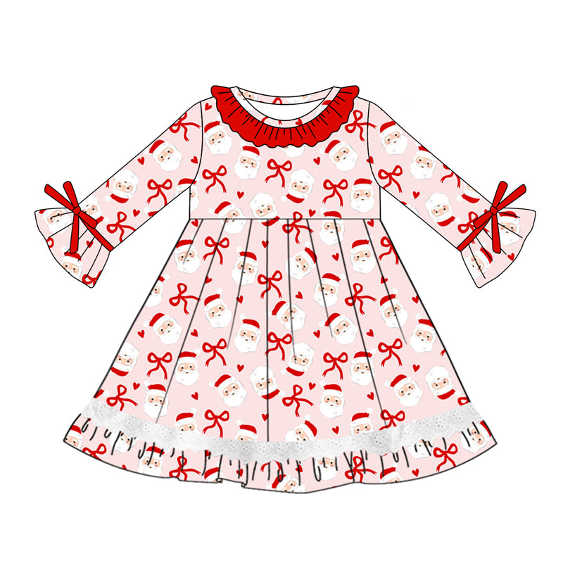 Preorder (moq 5)Baby Girls Long Ruffle Sleeves Red Bows Santa Lace Knee Length Dresses