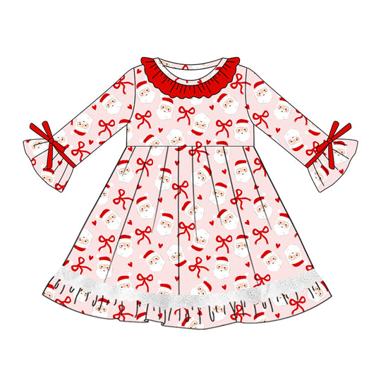 Preorder (moq 5)Baby Girls Long Ruffle Sleeves Red Bows Santa Lace Knee Length Dresses