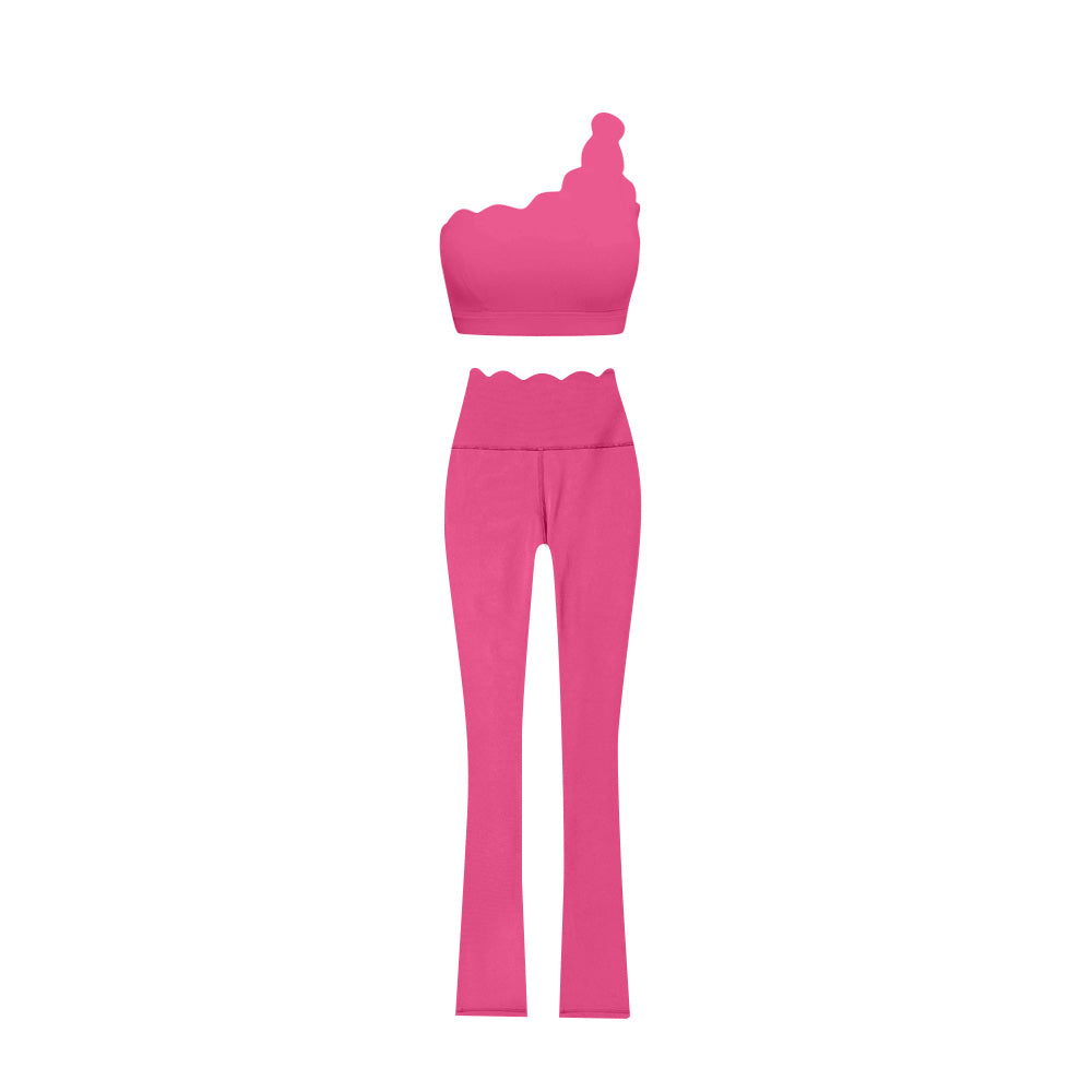 Preorder (moq 5)Baby Girls Bright Pink One Shoulder Scallop Top Bell Bottom Pants Yoga Sets