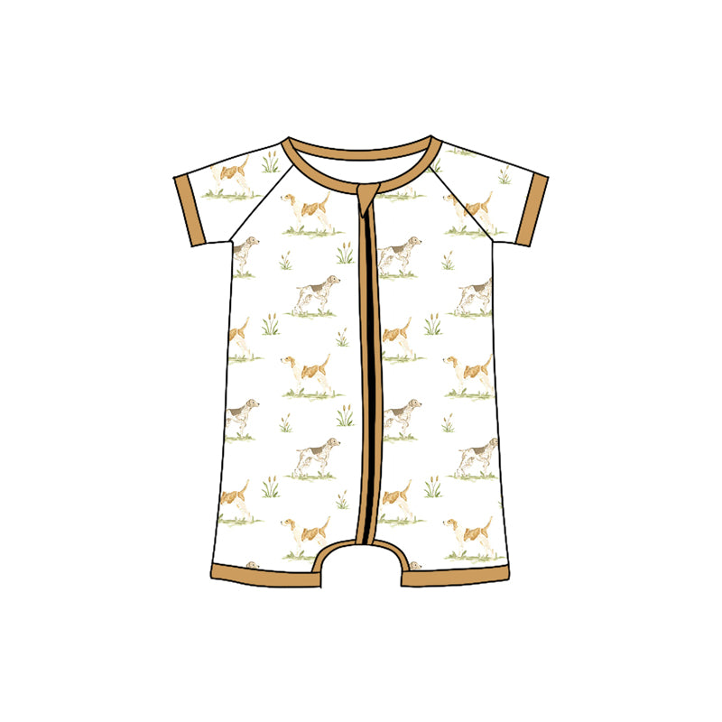 Preorder (moq 5)Baby Boys Khaki Short Sleeves Dogs Zipper Rompers