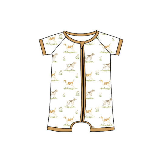 Preorder (moq 5)Baby Boys Khaki Short Sleeves Dogs Zipper Rompers