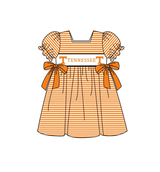 Preorder (moq 5)Baby Girls Orange Short Ruffle Sleeve Tennessee Stripe Team Knee Length Dress