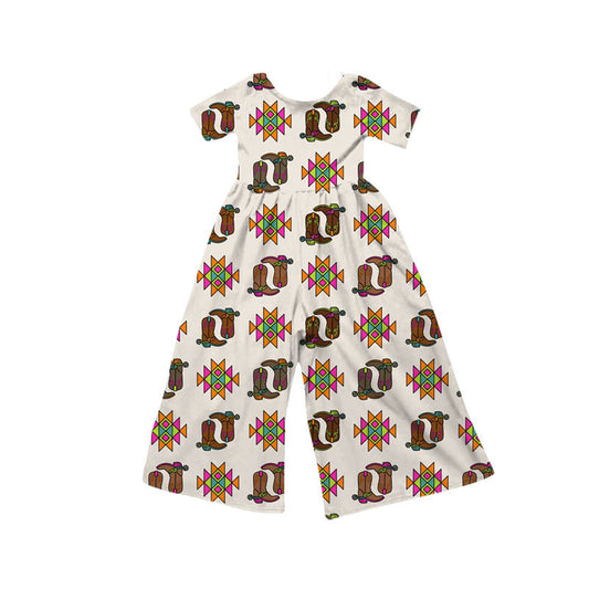Preorder(moq 8)Baby Girls Short Sleeve Aztec Boot Western Pants Jumpsuits