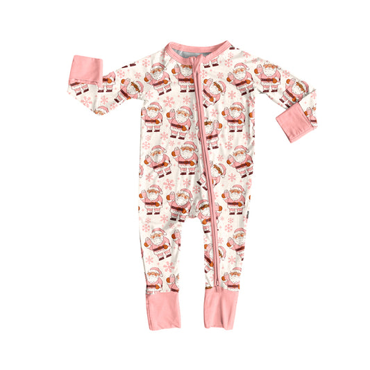 Preorder (moq 5)Baby Girls Long Sleeves Pink Santa Snowflake Zipper Pant Rompers