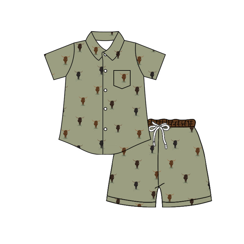 Preorder (moq 5)Baby Boys Highland Cows Button Pocket Top Short Western Clothes Sets