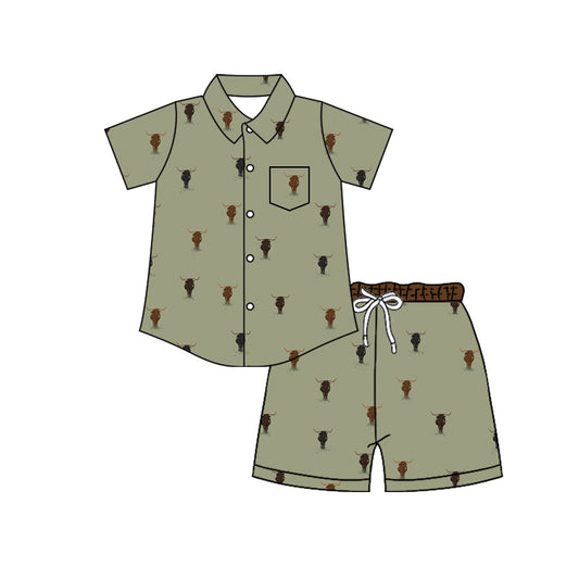 Preorder (moq 5)Baby Boys Highland Cows Button Pocket Top Short Western Clothes Sets