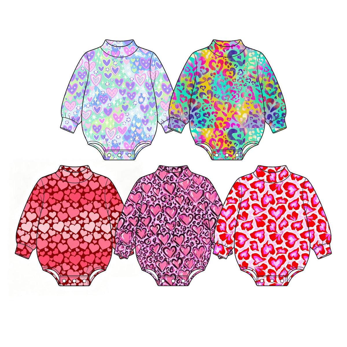 Preorder (moq 5) Baby Girl Clothes Valentine Rainbow Leopard Heart Mixed Print Long Sleeve Mock Neck Bubble Romper