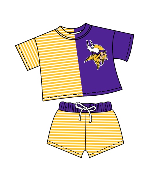 Preorder (moq 5)Baby Girls Yellow Stripe Vikings Top Shorts Team Clothes Sets